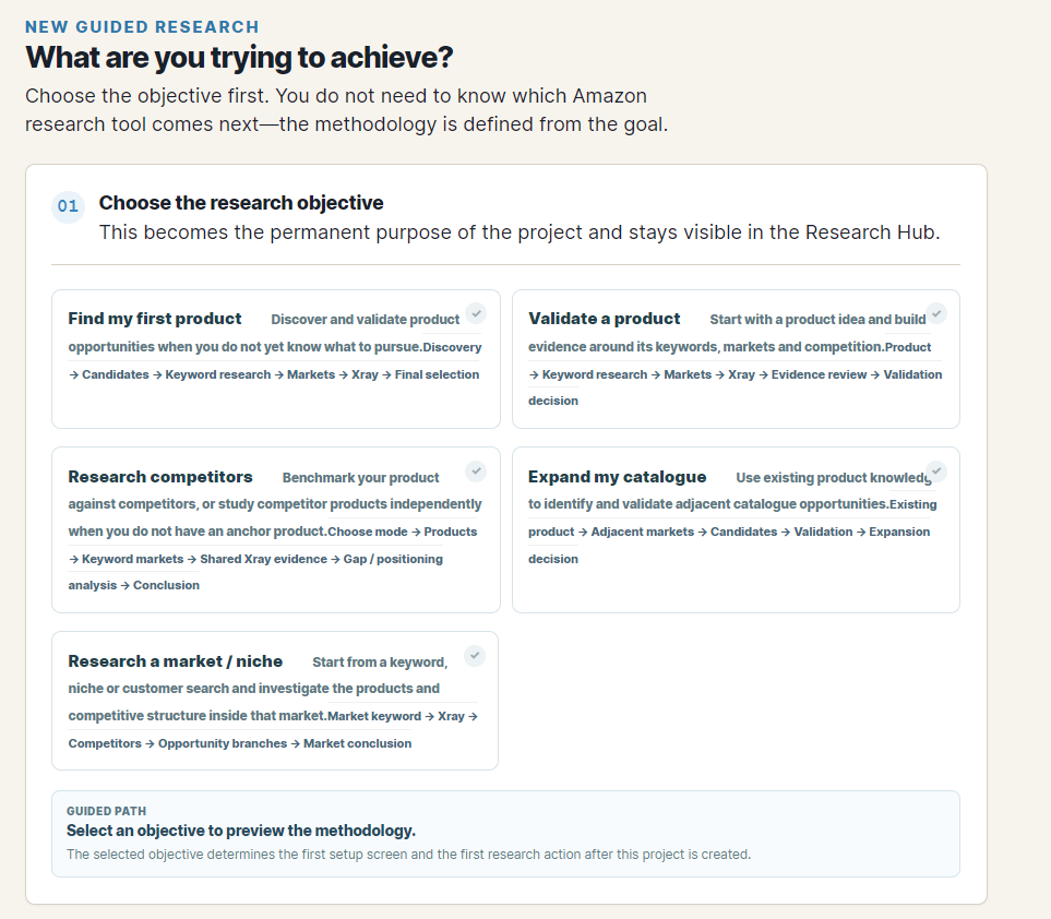 Real app screen for choosing a guided research objective and previewing the methodology